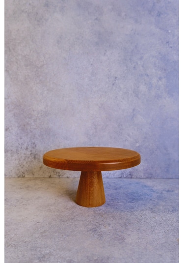 Justwood Mini 20 Cm Ahşap Konik Ayaklı Yuvarlak Pasta Kurabiye Sunum Servis Tabağı Kahverengi