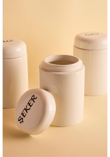 Heybeli 3'lü Porselen Kapaklı Yuvarlak Formlu Ergonomik Kavanoz Takımı Beyaz Beyaz