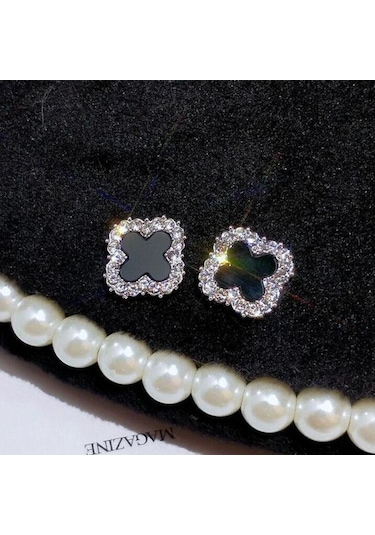 Gümüş Rhinestone Yonca Saplama Küpe Kadınlar İçin Moda Parlak Rhinestone Dört Yapraklı Yonca Küpe Hiçbir Alerji Küpe Takı Çok Renkli