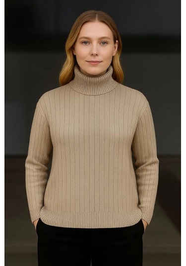Balıkcı Yaka Bağazlı Triko Kazak Pamuklu Kalın Fitilli Dokuma - Bej Bej