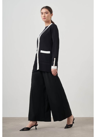 Mizalle Şeritli Rayon Siyah Hırka Siyah