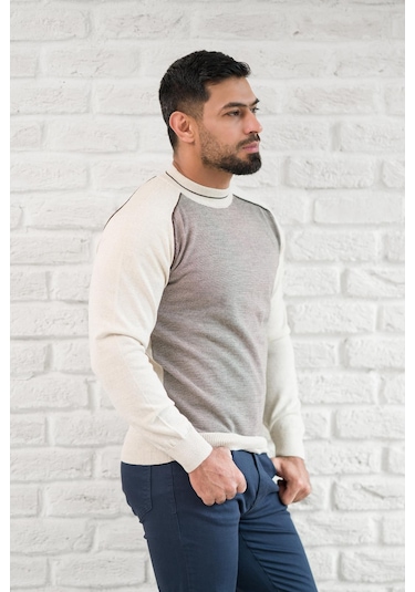 San&fa Yarım Balıkçı Desenli Slimfit Yünlü Triko Kazak Krem