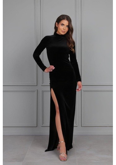 Kadın Uzun Kollu Yarım Balıkçı Yaka Derin Yırtmaç Detay Krep Tam Boy Elbise Siyah
