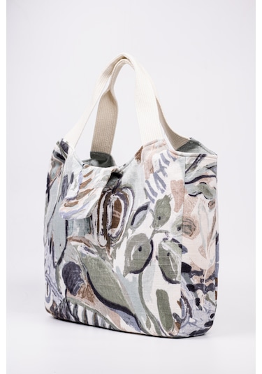 Fabric Craft Bag El Çanta Keten Desenli Yeşil Yeşil - Beyaz