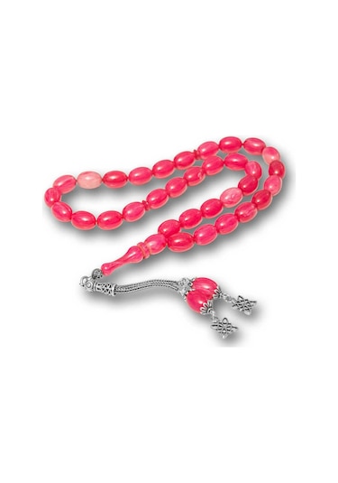 Gümüş Püsküllü Pembe Sıkma Kehribar Tesbih Sl12596 Gümüş