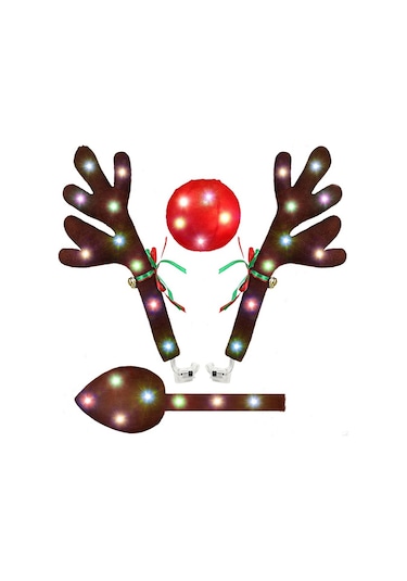 Zoroom Araba Ren Geyiği Boynuzları, Led Işıklı Boynuz Araç Kiti, Ren Geyiği Araç Kiti Boynuzları, Burun, Kuyruk, Araba İçin Noel Süslemeleri -