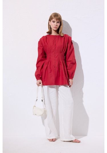 Beli Pile Detaylı Uzun Kol Bluz Kırmızı Kırmızı