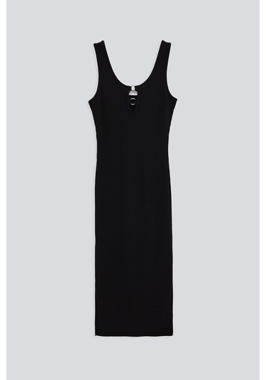 HALKA APLİKELİ ASKILI ELBİSE SİYAH