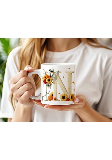 N Harfi Pembe Kareli Kalpli Göz Emojili Kupa Bardak Eğlenceli Kareli Tasarım Kahve Çay Kupası Beyaz