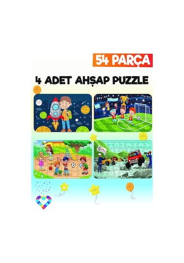 Ahşap 54 Parça 4 Adet Çocuk Puzzle