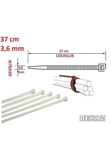 100 Adet 37cmx3,6mm Beyaz Plastik Cırt Kelepçe Kablo Bağı