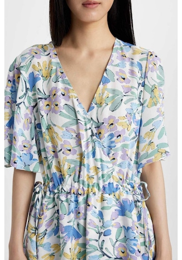 Defacto Wrap Yaka Desenli Maroken Yarım Kollu Mini Elbise C7223AX24SMPR40