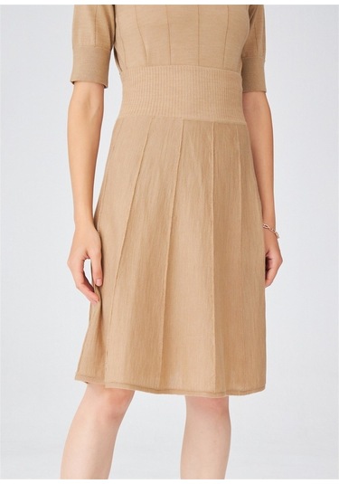 Peraluna Çizgili Yüksek Bel Bol Kesim Triko Etek Camel Melanj Camel