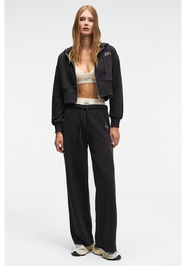 Grımelange Elara Kadın Metal Fermuarlı Nakışlı Kapüşonlu Crop Antrasit Sweatshirt Antrasit