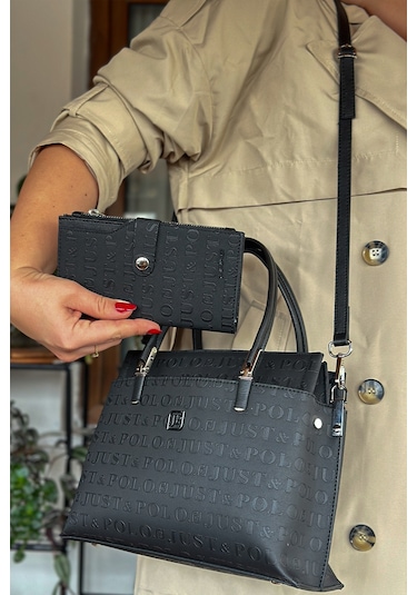 Jps- Just Polo Baskı Desenli Özel Seri El Ve Omuz Çanta Gq-4045-gd - Siyah Kombin Siyah