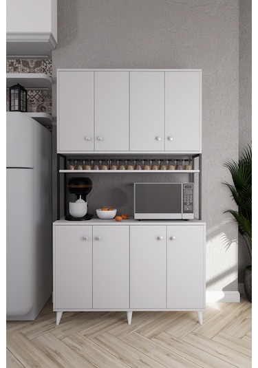 Nexar Kavhe Köşesi 8 Raflı Çok Amaçlı Mutfak Dolabı Beyaz Beyaz