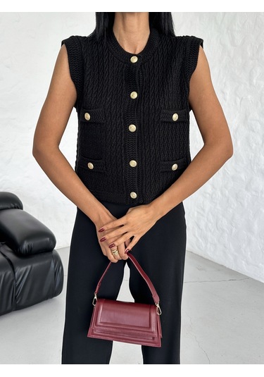 Kadın Gold Düğmeli Triko Yelek Siyah