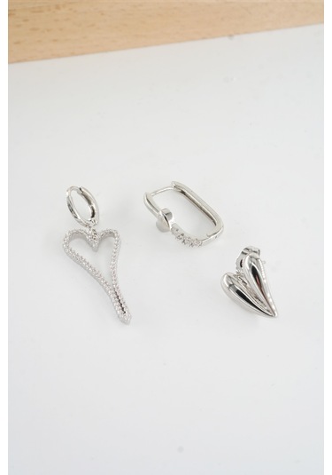 Kadın Vip Seri Antialerjik Baget Zirkon Taşlı 3'lü Küpe-5148 Gümüş