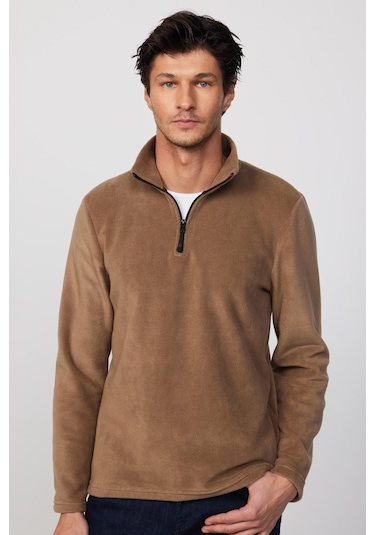 Tudors Erkek Dik Yaka Tüylenme Yapmayan Soğuk Geçirmez Standart Fit Rahat Kesim Haki Polar Sweatshirt -30141-haki Haki