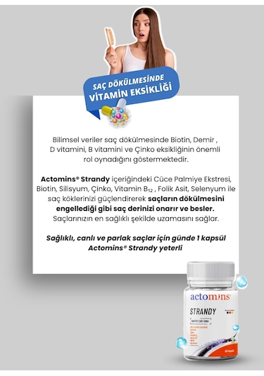 Actomins Strandy Saç Dökülmesine Karşı Takviye Edici Gıda 60 Kapsül