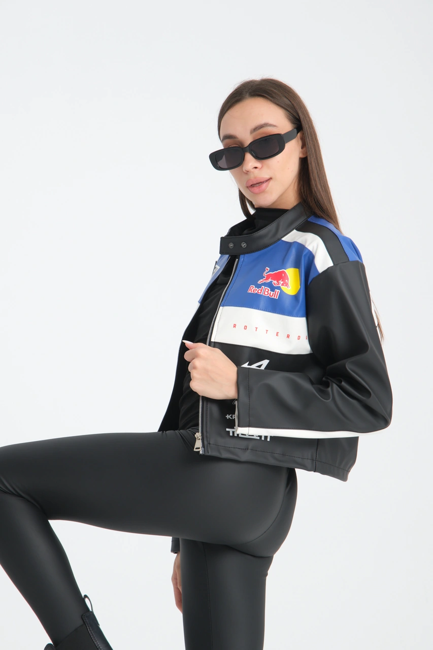 Kadın Oversize Baskılı Deri Şeritli Motorcu Montu Garnili Fermuarlı Yarışçı Ceketi Bomber Kolej Mont Mavi