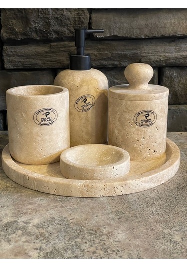 Bej Traverten Doğaltaş 5'li Banyo Seti Beyaz