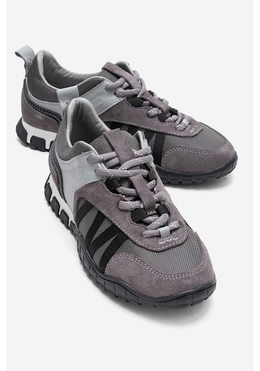 Fıera Gri Siyah Hakiki Deri Fileli Kadın Günlük Sneaker Gri - Siyah
