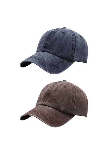 Tezzgelsin Unisex Eskitme Vintage Pamuklu Ayarlanabilir Beyzbol Kep Şapka 2'li Set Lacivert - Kahverengi