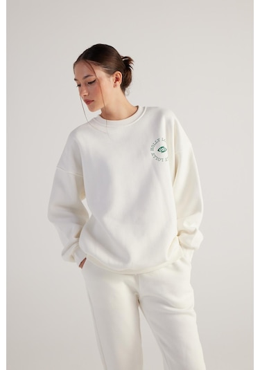 Holly Lolly 3 İplik Şardonlu Uzun Kol Bisiklet Yaka Fine Sweatshirt Ekru