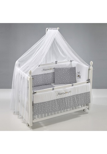 Meltem Kids Kral Anne Yanı Ahşap Sallanır Beşik 60 x 120 CM (Beyaz - Moon) Gri