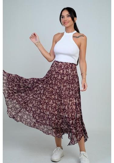 Kadın Beli Lastikli Astarlı Mini Çiçekli Midi Kraşlı Üçgen Etek-41697 Mürdüm