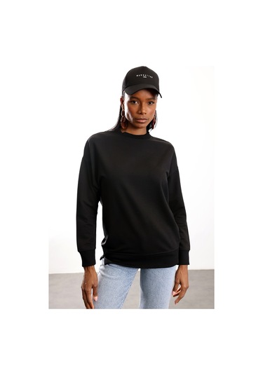 5in1Canpolat Siyah Bisiklet Yaka Basic Sweatshirt 9002 Siyah
