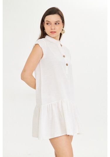 Ekru Keten Mini Elbise Beyaz