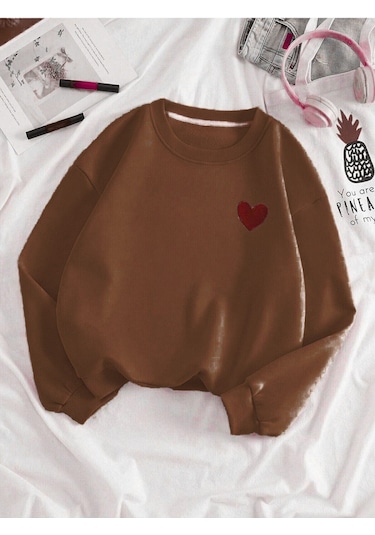 Kırmızı Minimal Kalp Baskılı Sweatshirt - Kahverengi Kalın Kışlık Bisiklet Yaka Kahverengi