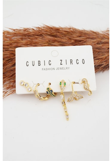 Kadın Kararmaz Altın Kaplama Yılan Detaylı 6'Lı Zirkon Set Küpe Altın-M