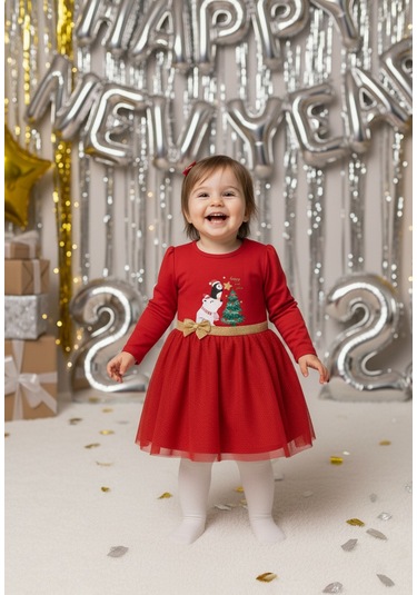 Kız Bebek Beli Fiyonk Detaylı Anvelop Yılbaşı Elbise Nbk-24923 Kırmızı