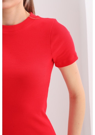 Kırmızı Vücuda Oturan Kısa Kollu Mini Fitilli Esnek Kalem Elbise Nar Çiçeği