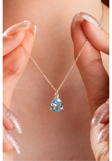 Nereze 925 Ayar Gümüş Rose Aquamarin Damla Tektaş Kolye