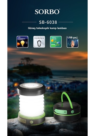 Jian Fan Açık Dağcılık Taşınabiler Geri Çekilebilir Kamp Işık Güneş Şarj Aydınlatma Kamp Işğı Yeşil Yeşil