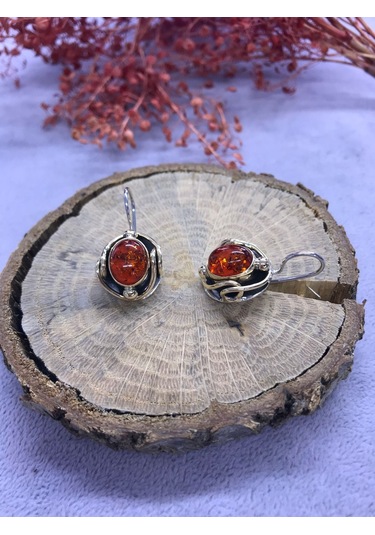 Nisa Gümüş Kehribar Taşlı Gümüş Küpe 925 Ayar N11.65661