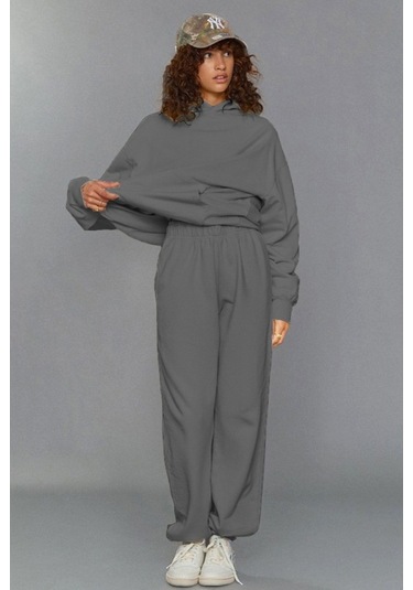 Mad Girls Füme Kapüşonlu Kadın Eşofman Takımı Mg1225 Füme