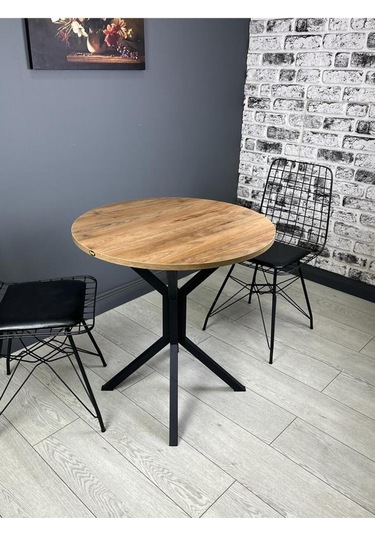 Nisa Ceviz Yuvarlak Mutfak Masası Yemek Masası Balkon Masası Metal Siyah Ayak 70 Cm