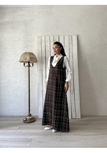 Kahverengi Tüvit A-kesim Jile Elbise Kahverengi