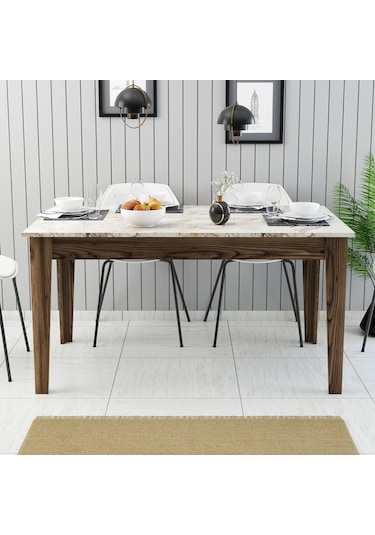 Milan Yemek Masası - Ceviz / Beyaz Mermer