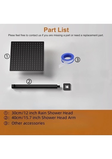 Fastbuy Mat Siyah Tüm Metal Paslanmaz Çelik Duş Başlığı, 40 Cm Uzatma Kolu, 30 Cm Kare Şelale, Yüksek Akış, Kurulum Kiti Mat Siyah