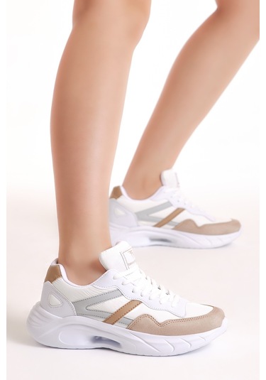 Tonny Black Kadın Beyaz Toprak Faylon Taban Şeritli Bağcıklı Spor Ayakkabı Beyaz - Bej