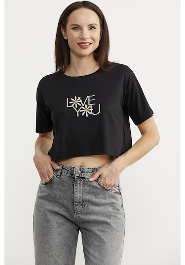Oversize Baskılı Crop Tişört - Siyah Siyah