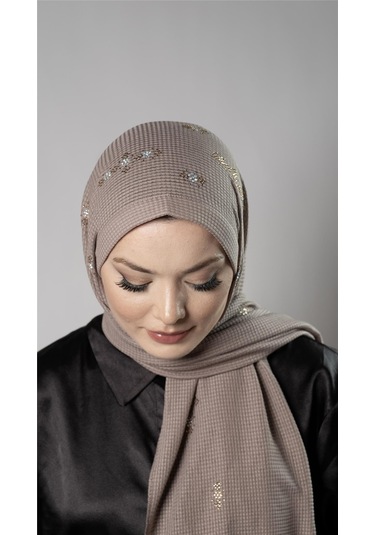 Vizon Pratik Hazır Geçmeli Tesettür Şal Örme Kumaş Taşlı Çiçek Desenli 2118c 10