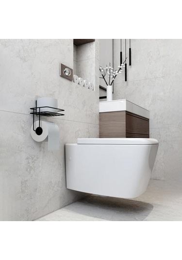 Petinka Tuvalet Kağıdı Tutacağı Siyah Modern Metal Tasarım Yapışkanlı Yedek Raf