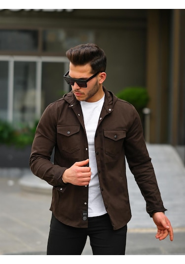 Koyu Kahve Renk Kapüşonlu Kot Ceket Koyu Kahverengi